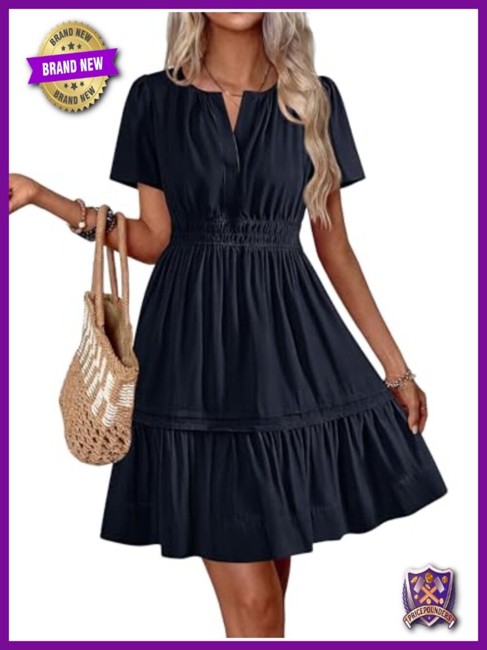 Women's Boho Sundress Short Sleeve V Neck Ruffle A Line Mini Dress with Pockets